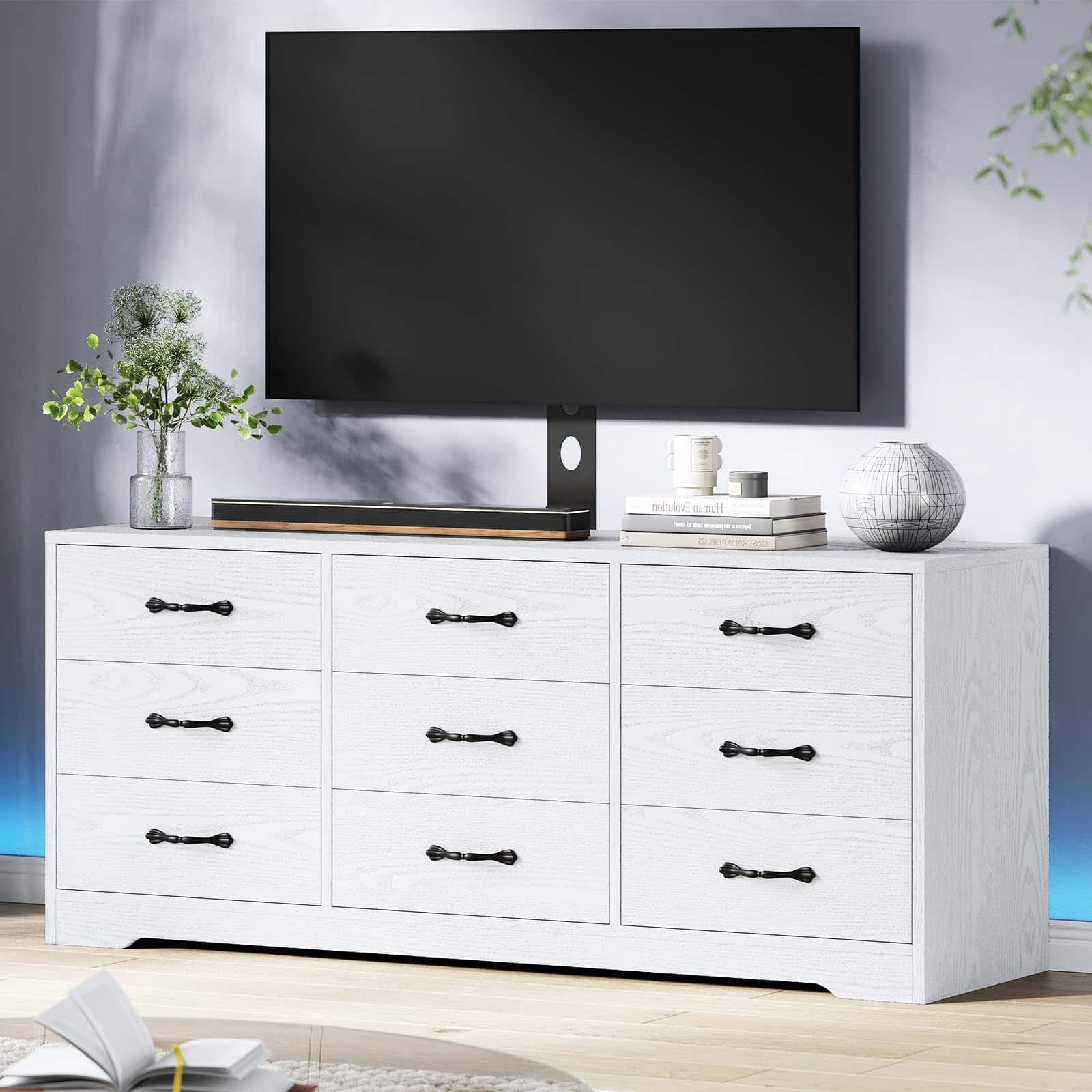 Qeetex - 55" TV Stand with Mount for 32–85" TVs, Modern Media Console with Adjustable Height & 9 Storage Drawers - White