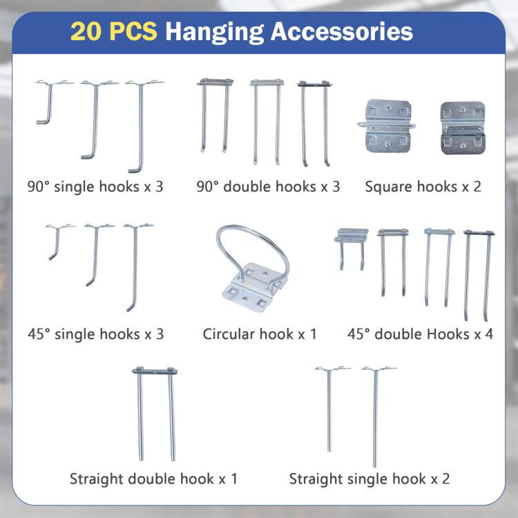 20 PCS Hanging Accessories

- 90° single hooks x 3
- 90° double hooks x 3
- Square hooks x 2
- 45° single hooks x 3
- Circular hook x 1
- 45° double hooks x 4
- Straight double hook x 1
- Straight single hook x 2