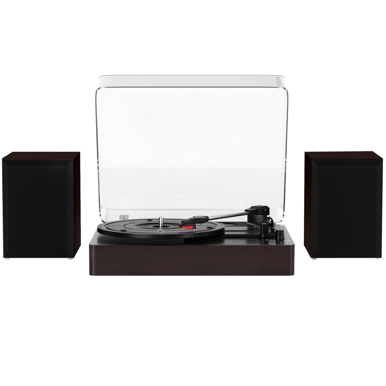 Angle. Topteng - Bluetooth 5.0 Split Turntable, 3-Speed, Dual Speakers, 7/10/12" Vinyl, Ruby Stylus, Retro Record Player - Natural wood color.