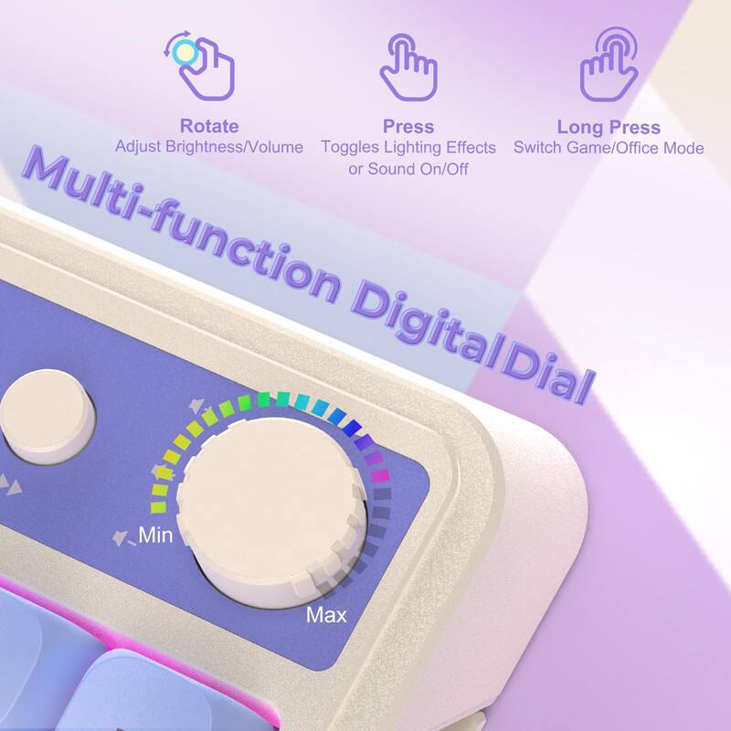 Rotate  
Adjust Brightness/Volume  

Press  
Toggles Lighting Effects or Sound On/Off  

Long Press  
Switch Game/Office Mode  

Multi-function Digital Dial  
Min  
Max