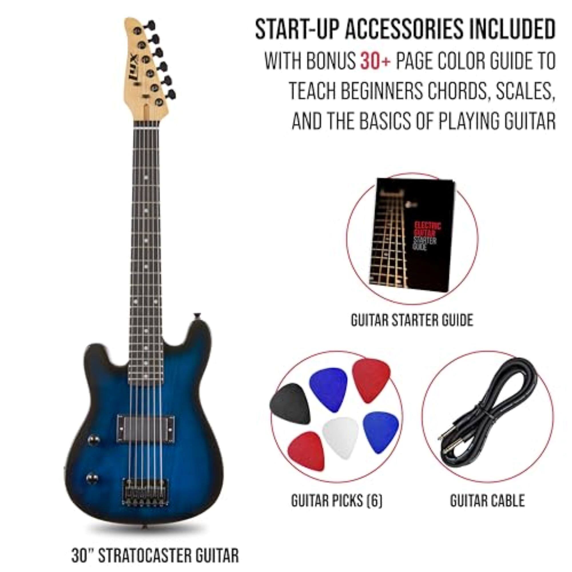 START-UP ACCESSORIES INCLUDED WITH BONUS 30+ PAGE COLOR GUIDE TO TEACH BEGINNERS CHORDS, SCALES, AND THE BASICS OF PLAYING GUITAR

GUITAR STARTER GUIDE
GUITAR PICKS (6)
GUITAR CABLE
30" STRATOCASTER GUITAR