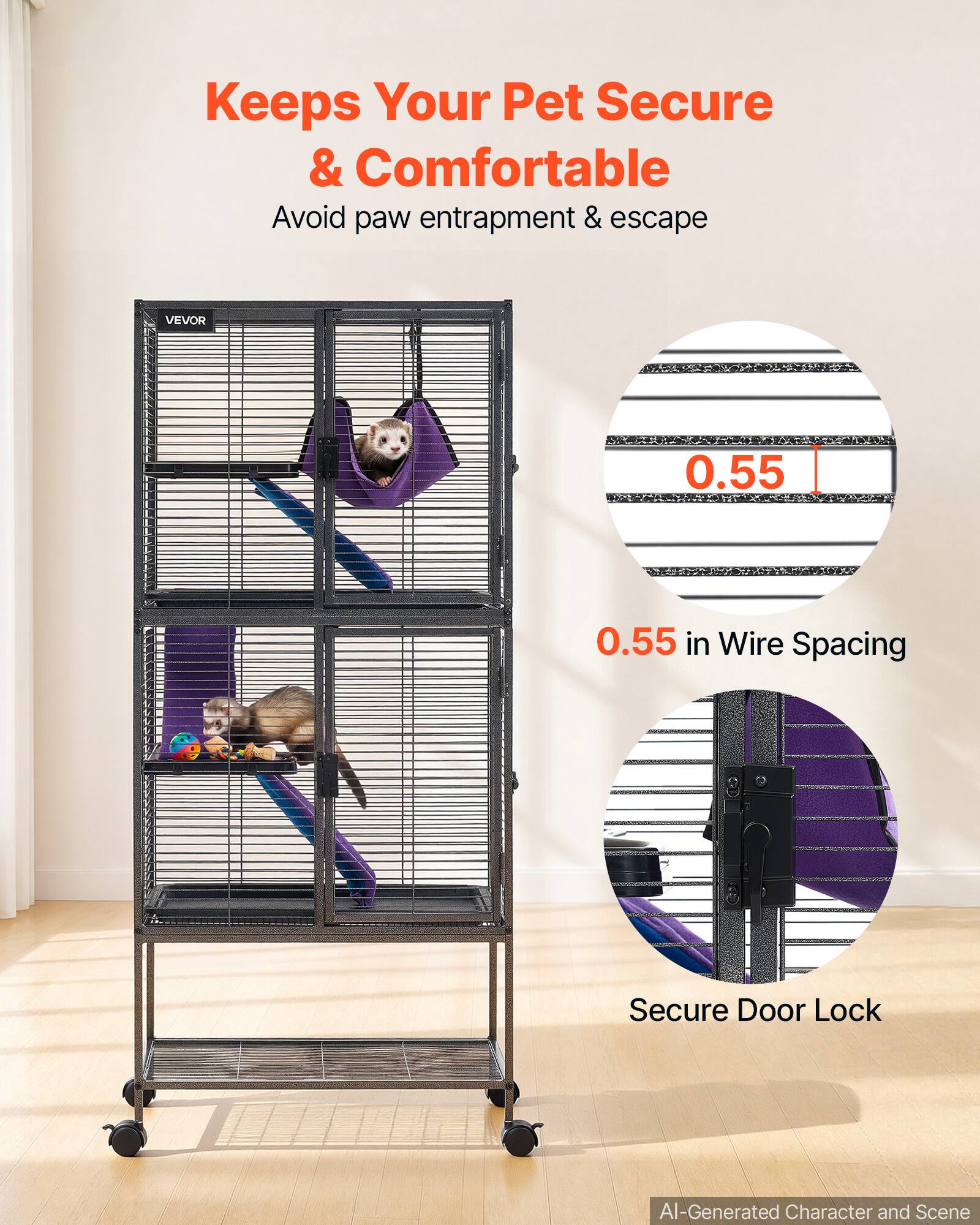 Keeps Your Pet Secure & Comfortable  
Avoid paw entrapment & escape

VEVOR

0.55 in Wire Spacing

Secure Door Lock

AI-Generated Character and Scene