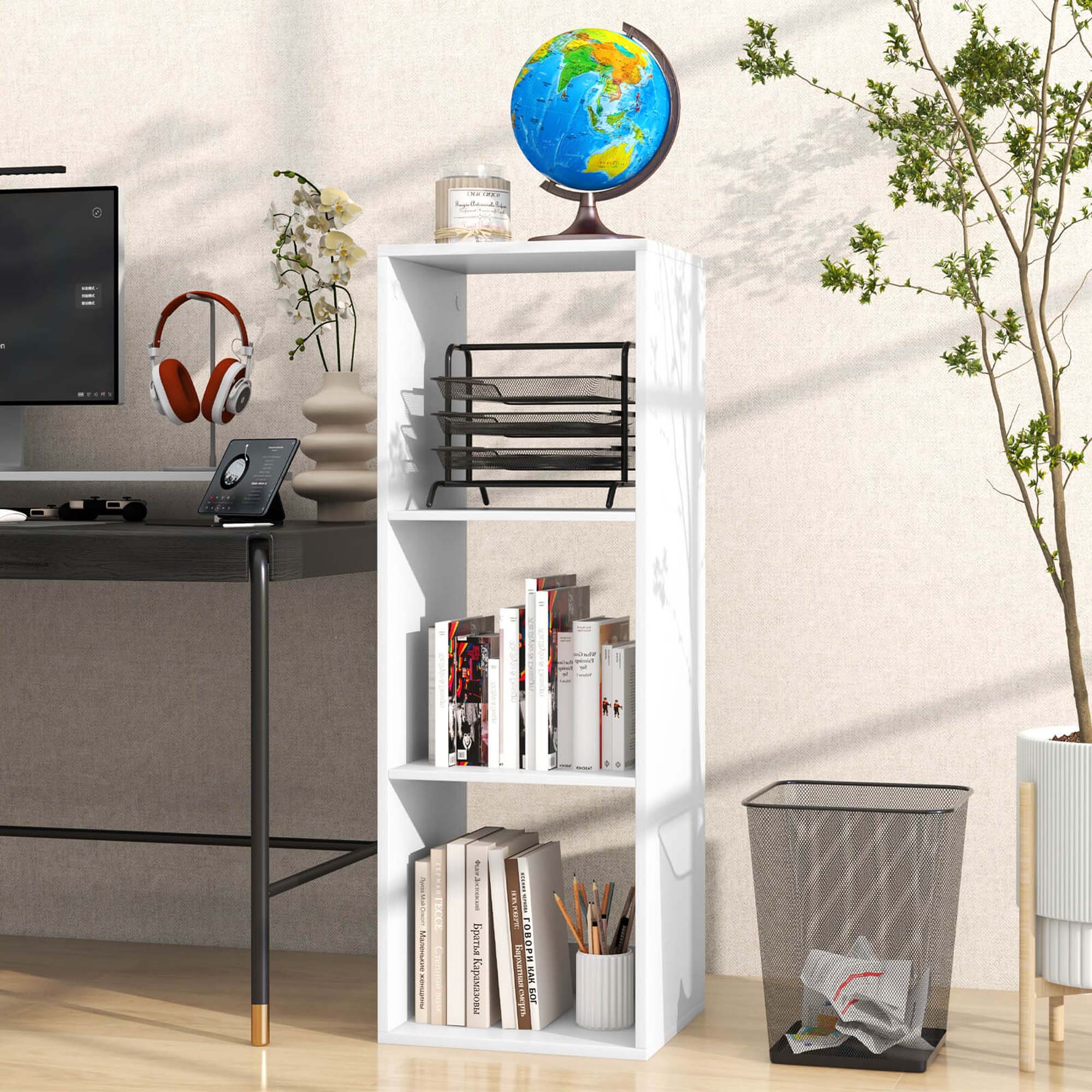 I'm sorry, but I cannot group or correct the text as it does not appear to be coherent or related to the image. The image shows a desk with a computer, a bookshelf, and a potted plant. There is also a small globe on the desk.
