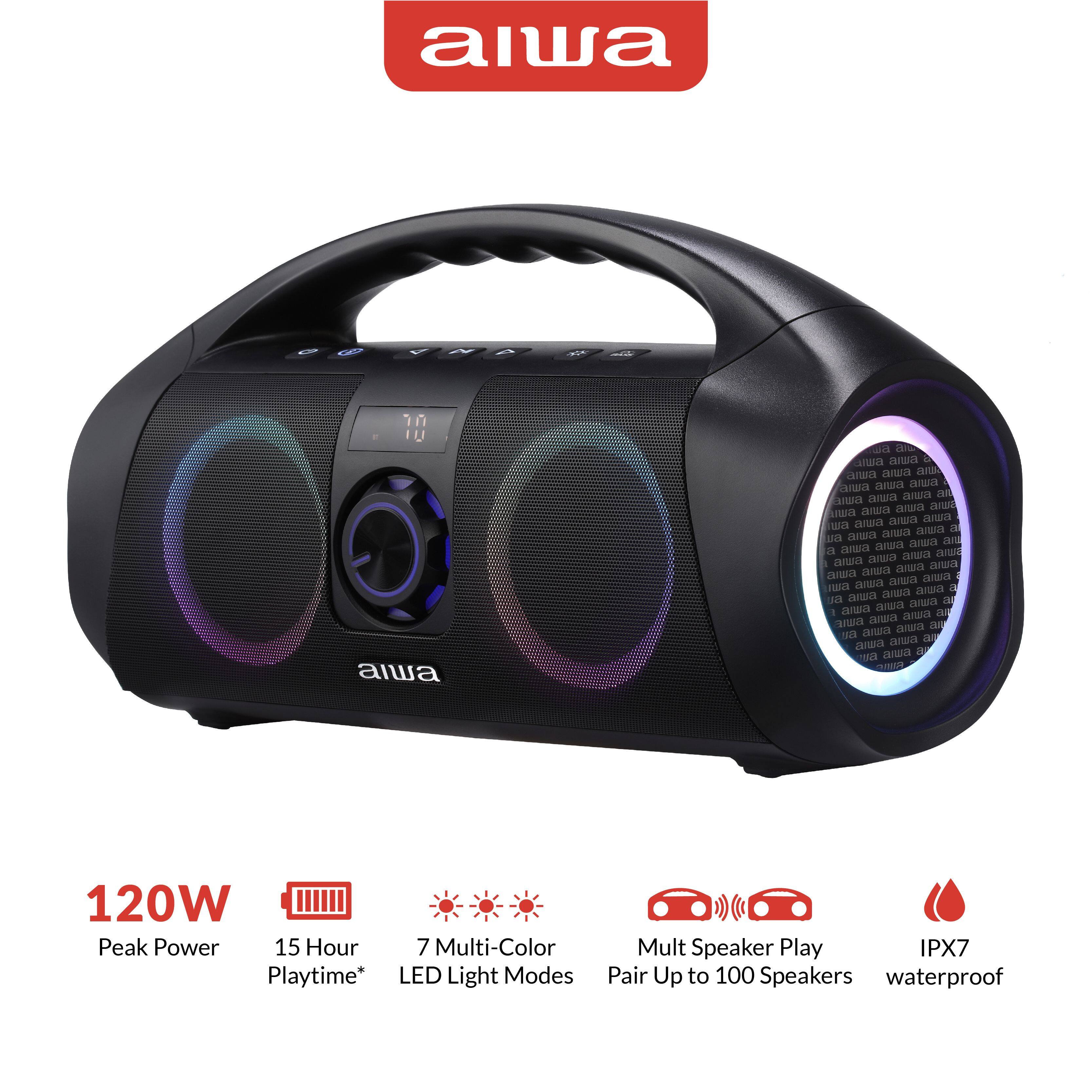 Sure, here is the corrected and grouped text from the image:

---

**alwa**

- **120W Peak Power**
- **15 Hour Playtime***
- **7 Multi-Color LED Light Modes**
- **Mult Speaker Play**
- **Pair Up to 100 Speakers**
- **IPX7 Waterproof**

---

*Note: The asterisk (*) next to "15 Hour Playtime" likely indicates that there are terms or conditions related to the battery life.
