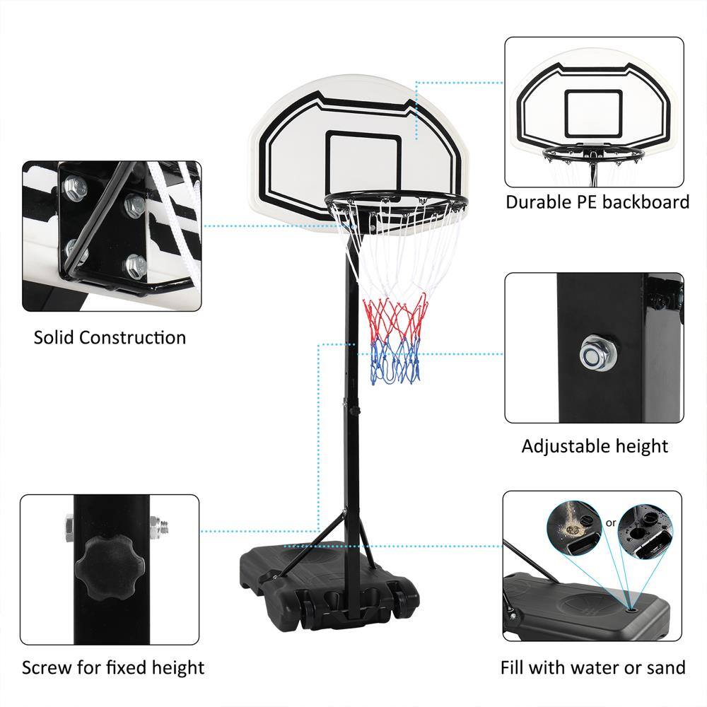 Durable PE backboard  
Solid Construction  
Adjustable height or Screw for fixed height  
Fill with water or sand