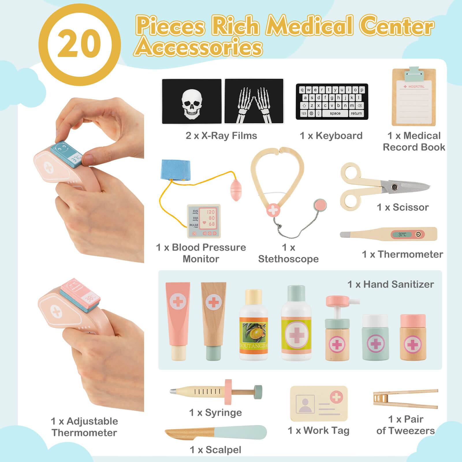 Pieces Rich Medical Center Accessories

20

2 x X-Ray Films
1 x Keyboard
1 x Medical Record Book
1 x Scissor
1 x Blood Pressure Monitor
1 x Stethoscope
1 x Thermometer
1 x Hand Sanitizer
1 x Adjustable Thermometer
1 x Syringe
1 x Scalpel
1 x Work Tag
1 x Pair of Tweezers