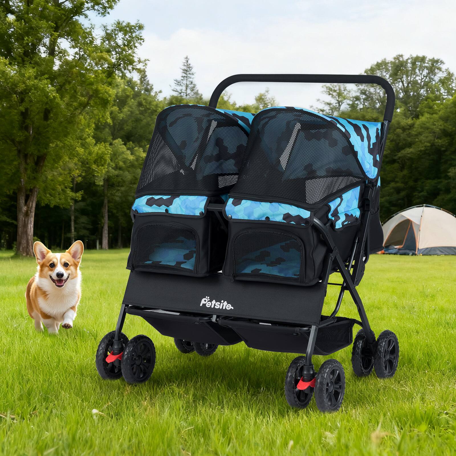 Alt View 2. Gymax - Gymax Double Pet Stroller w/ 2-seater Carrier Adjustable Sunshade Removable Pad Navy Blue.