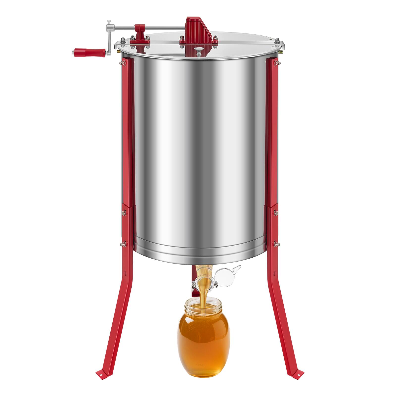 Front. VEVOR - Honey Extractor, 6 Frame Manual Honey Spinner with Transparent Lid, Stainless Steel Honeycomb Drum Spinner with Stand - Silver.