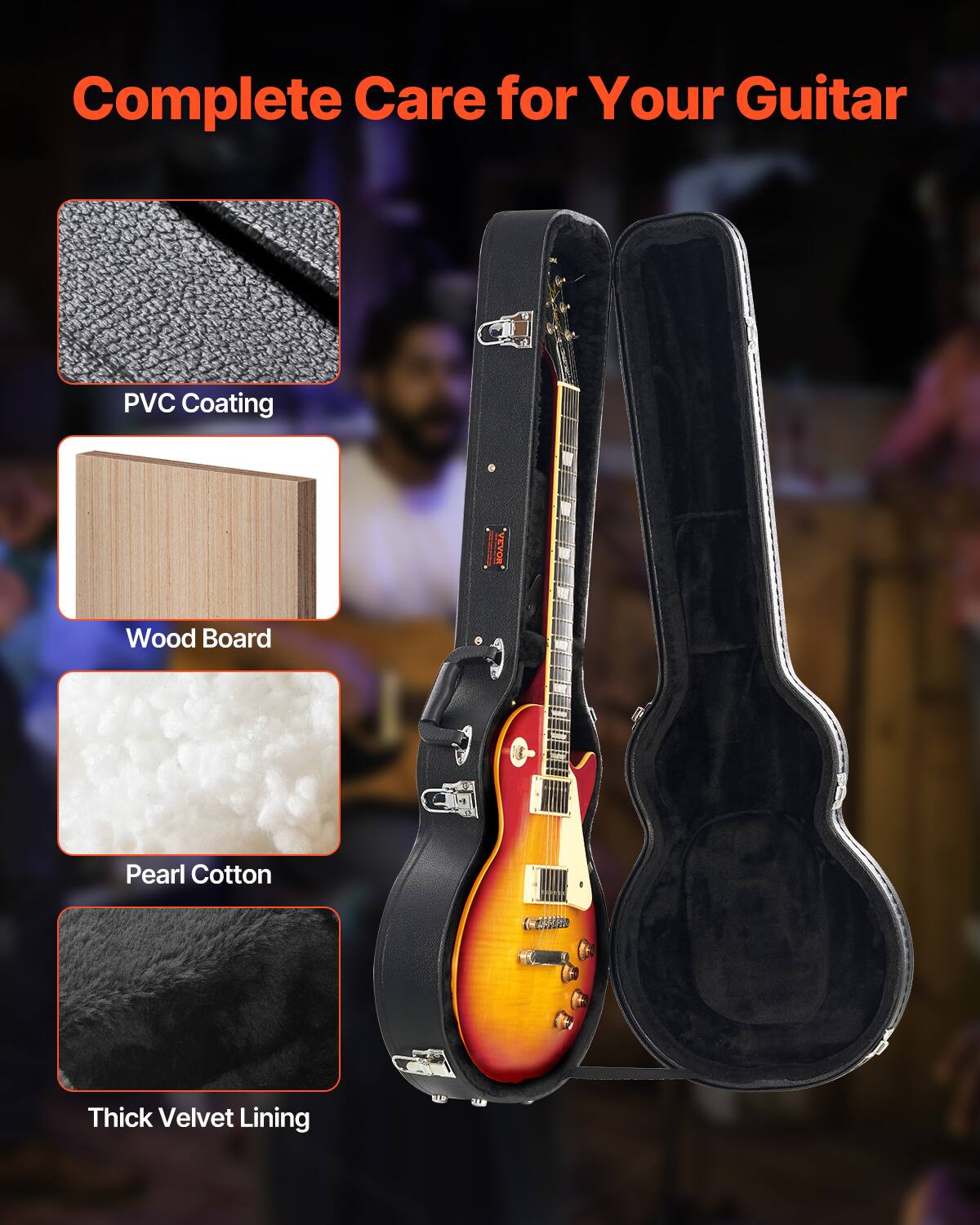 Complete Care for Your Guitar

- PVC Coating
- Wood Board
- Pearl Cotton
- Thick Velvet Lining