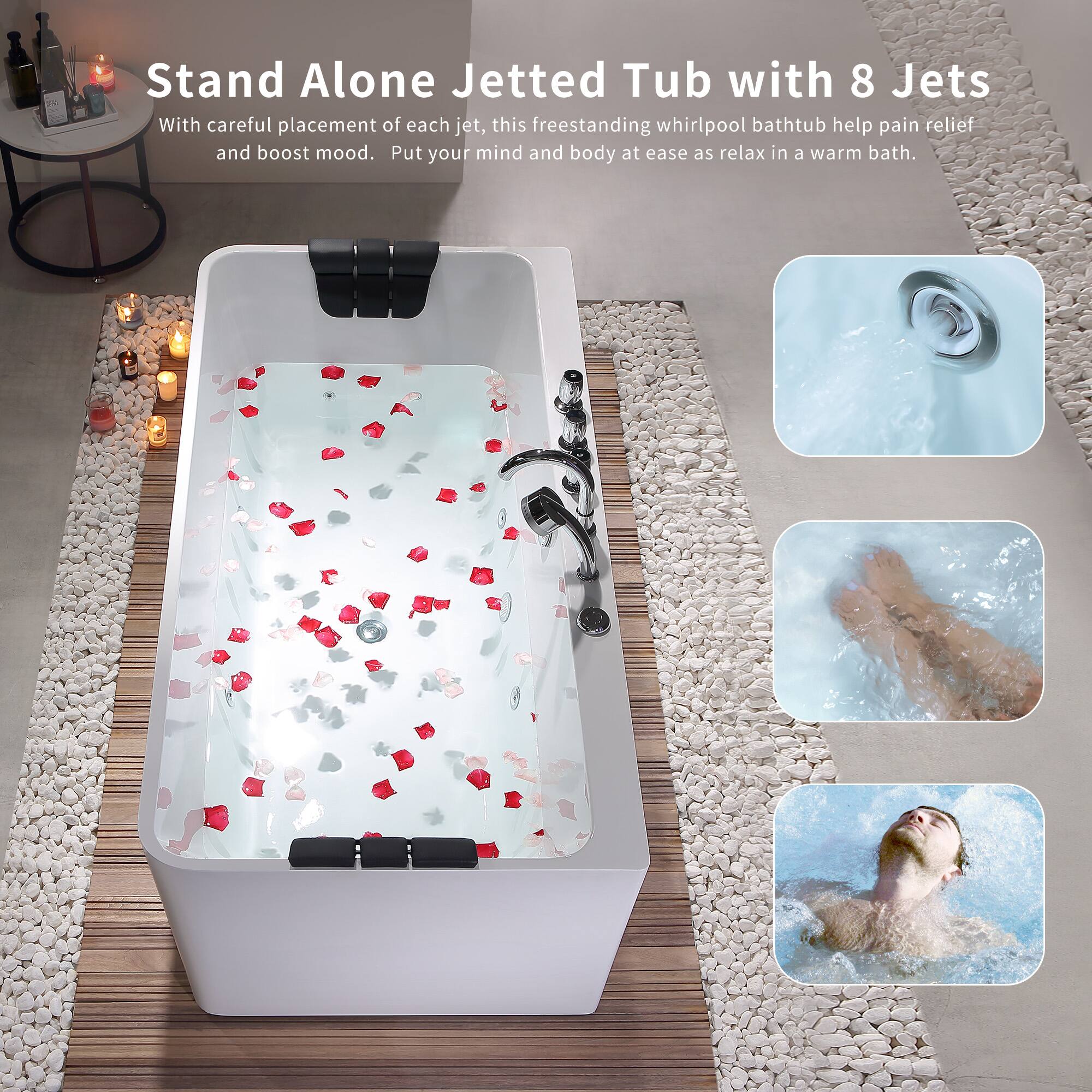 Stand Alone Jetted Tub with 8 Jets

With careful placement of each jet, this freestanding whirlpool bathtub helps with pain relief and boosts mood. Put your mind and body at ease as you relax in a warm bath.