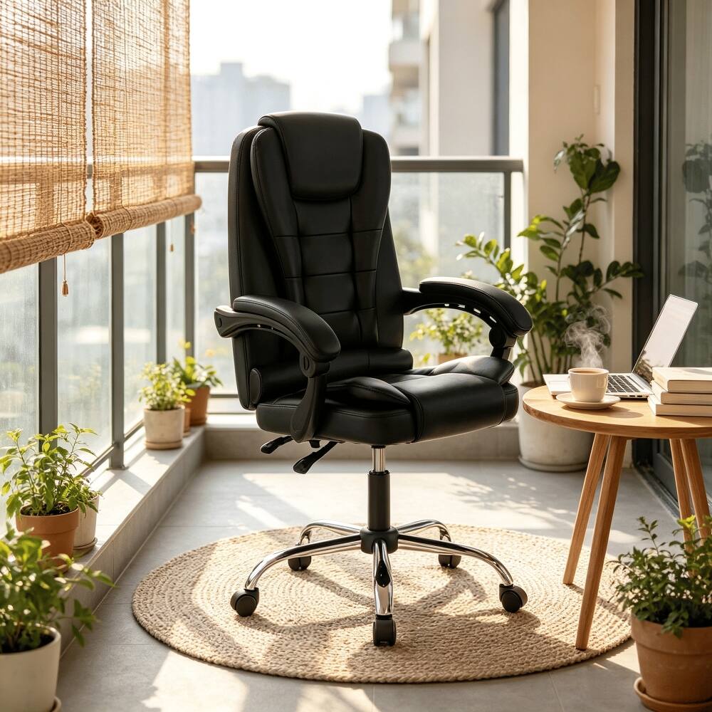 Angle. Loheer - Loheer High Back Executive Office Chair Leather Padded Ergonomic Reclining Desk Chair with Linkage Armrests Black - Black.