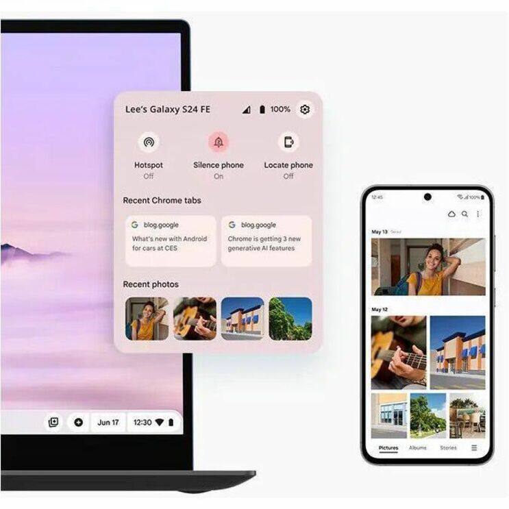 Lee's Galaxy S24 FE  
100%  
Hotspot Off  
Silence phone On  
Locate phone Off  

Recent Chrome tabs  
- blog.google: What's new with Android for cars at CES  
- blog.google: Chrome is getting 3 new generative AI features  

Recent photos  
- May 13  
- May 12  

Jun 17 12:30  
Pictures  
Albums  
Stories