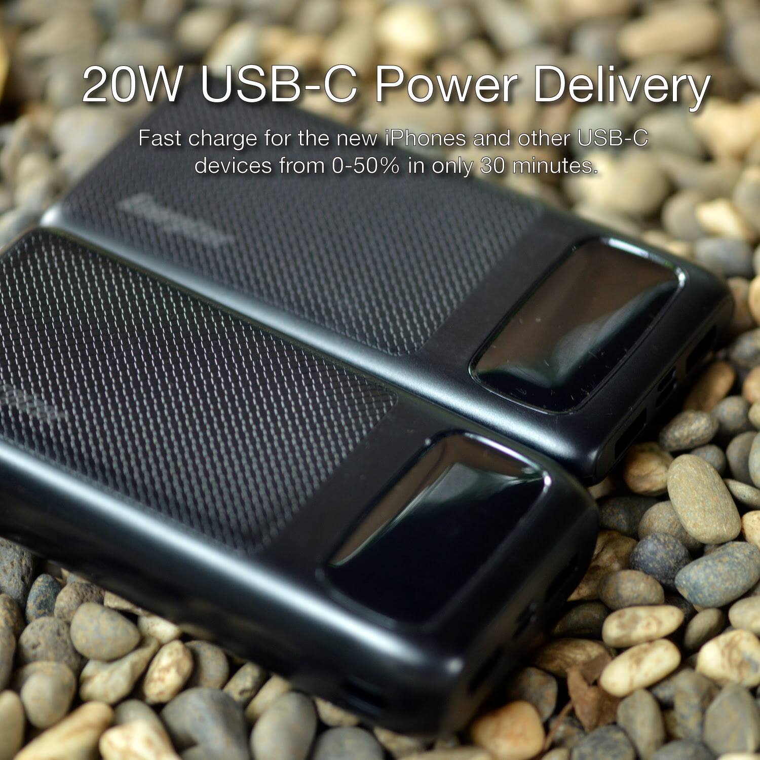 20W USB-C Power Delivery: Fast charge for the new iPhones and other USB-C devices from 0-50% in only 30 minutes.