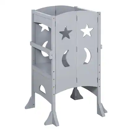 Front. Qaba - Wooden Kitchen Step Stool, Foldable Toddler Tower, Helper Stool, Kitchen Counter, Support Handles, Safety Rail - grey.