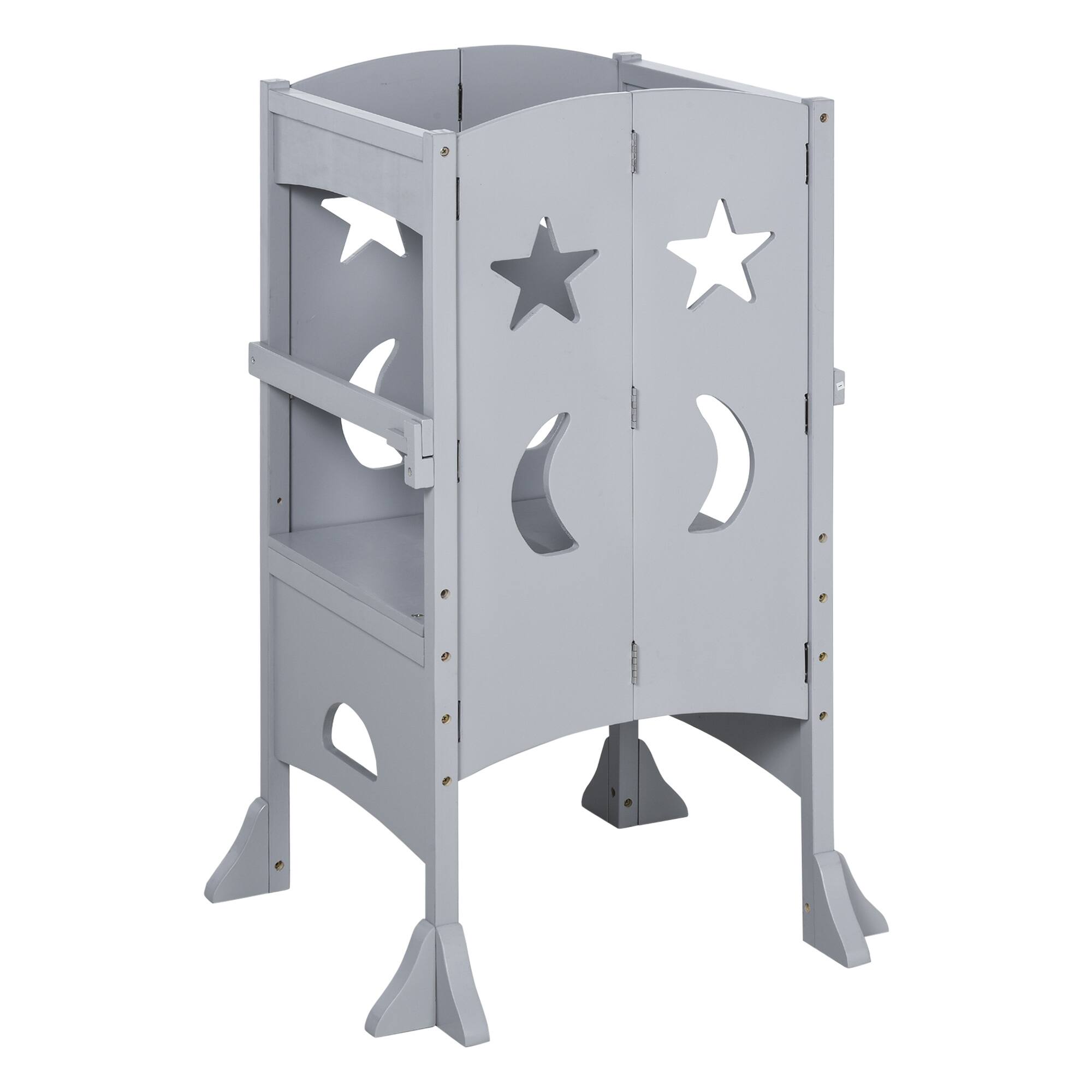 Front. Qaba - Wooden Kitchen Step Stool, Foldable Toddler Tower, Helper Stool, Kitchen Counter, Support Handles, Safety Rail - grey.