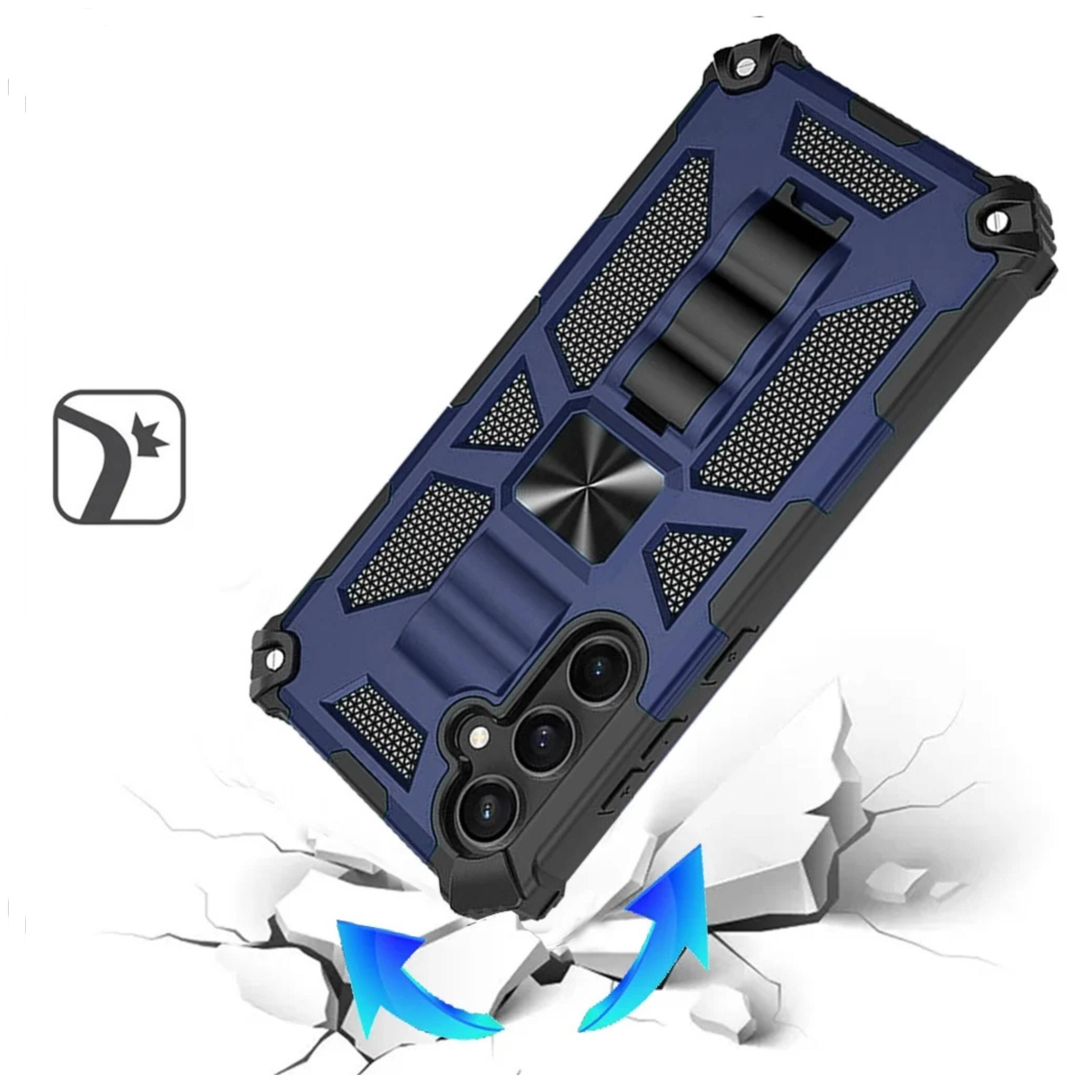 Angle. Kitcheniva - Shockproof Rugged Phone Case With Pop Out Stand Metal Plate And Tempered Glass For Samsung S26 Plus Dark Blue - Blue.
