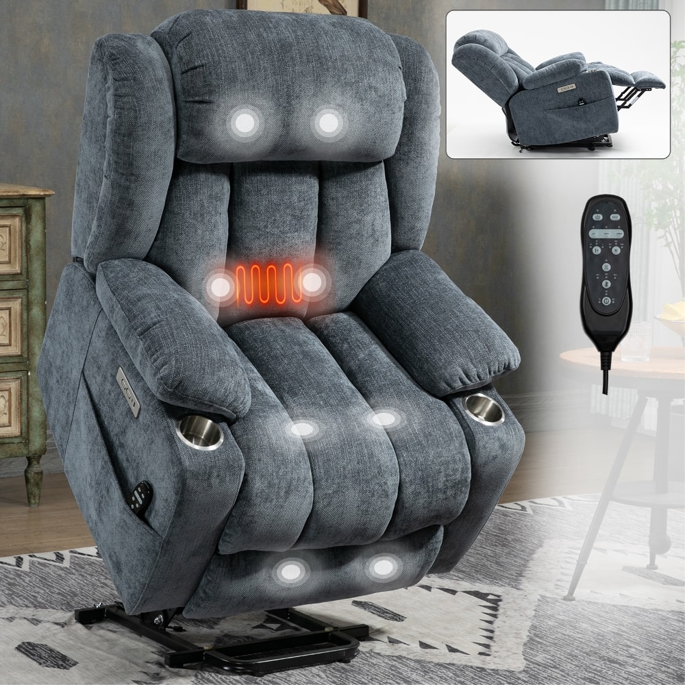 Ropilly - Chenille Power Lift Recliner, Heavy Duty 350 LBS Chair with Massage, Lumbar Heating and Dual USB Ports - Blue