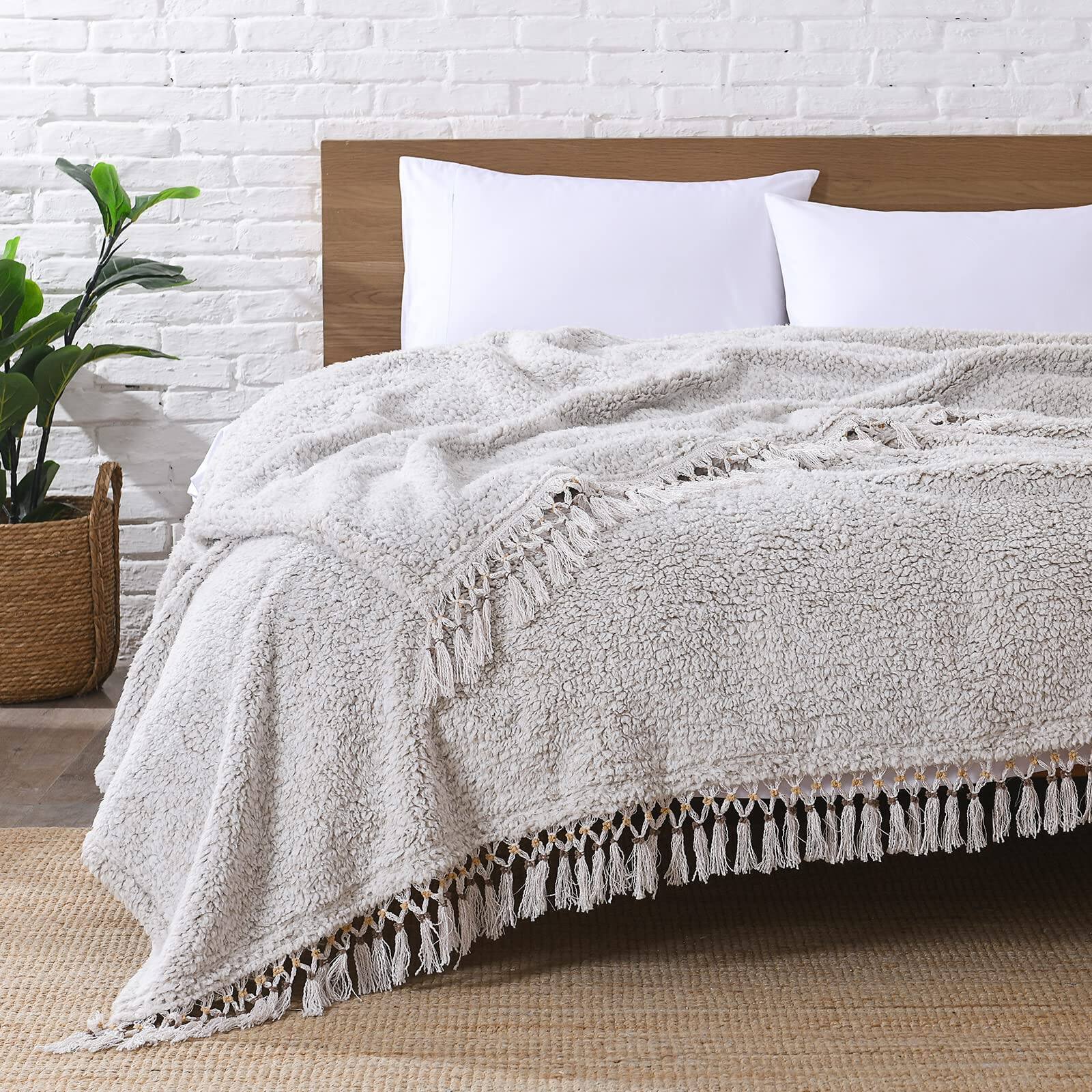 Alt View 1. NICHOLAS KLEIN - Ultra Soft Fleece Sherpa Blanket King Size Lightweight Cozy Boho Bed With Decorative Tassel Pattern Reversi... - Antique White King-104" x 90".