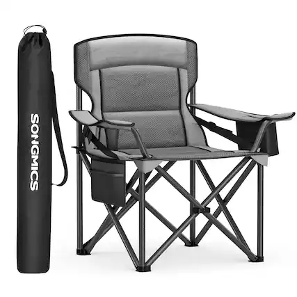 Front. Songmics Home - Oversized Lumbar Support Camping Chair, Heavy-Duty Outdoor Folding Chair Comfortable, Padded, Glamping, Cooler Bag - Slate Gray.
