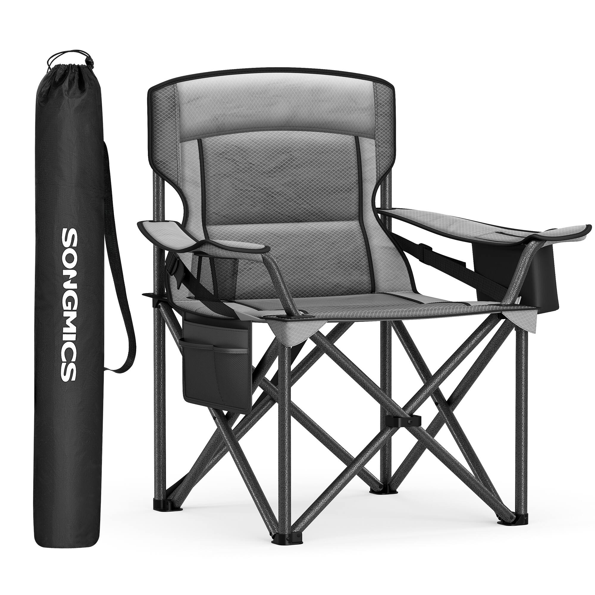 Front. Songmics Home - Oversized Lumbar Support Camping Chair, Heavy-Duty Outdoor Folding Chair Comfortable, Padded, Glamping, Cooler Bag - Slate Gray.