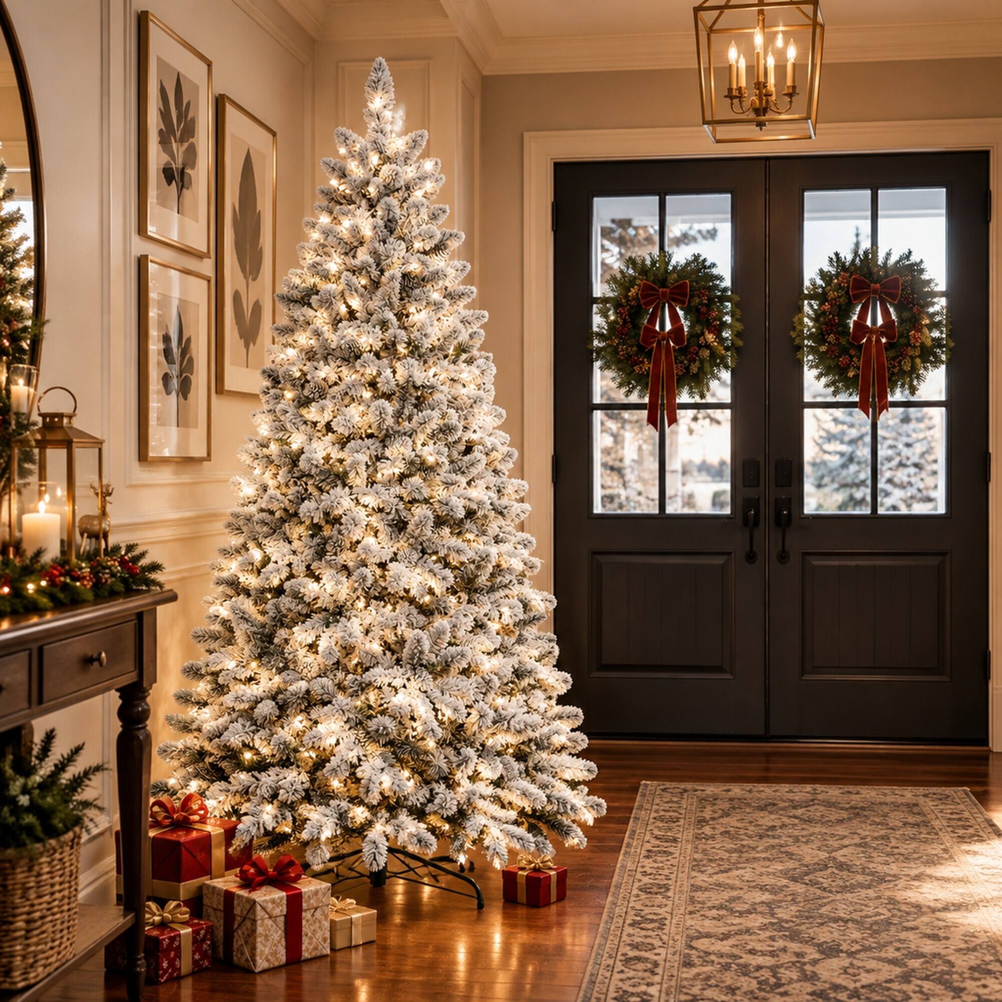 Alt View 2. RYHNUYNE - 9 Ft Flocked Snowy Artificial Christmas Tree With 850 Warm Lights, 63 Pine Cones 2240 Tips Metal Stand Decor - Green,White.