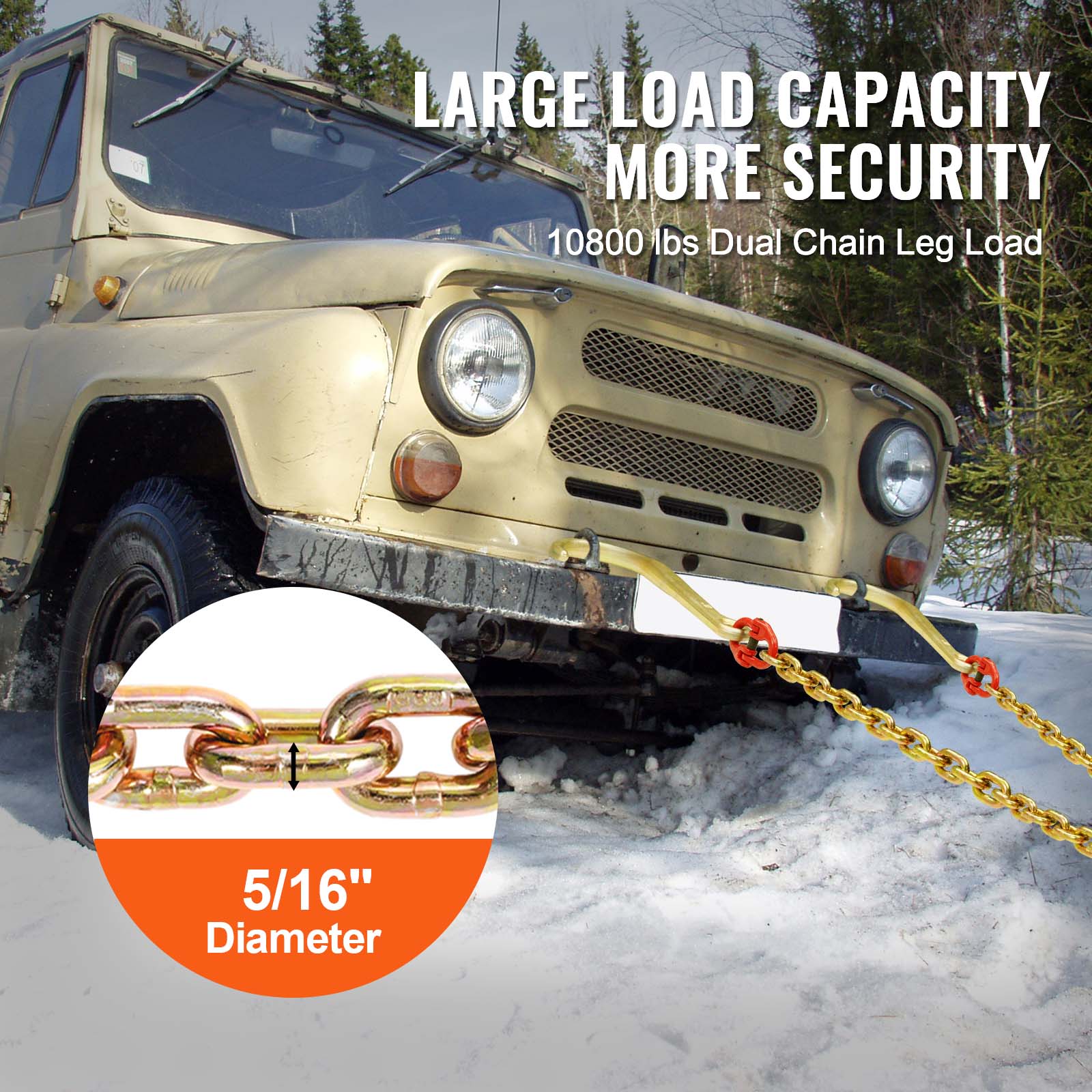 LARGE LOAD CAPACITY  
MORE SECURITY  

10800 lbs Dual Chain Leg Load  

5/16" Diameter