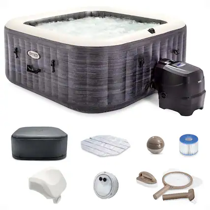 Front. Intex - Intex PureSpa Plus Inflatable Square Hot Tub Spa with Maintenance Accessory Kit - Gray.