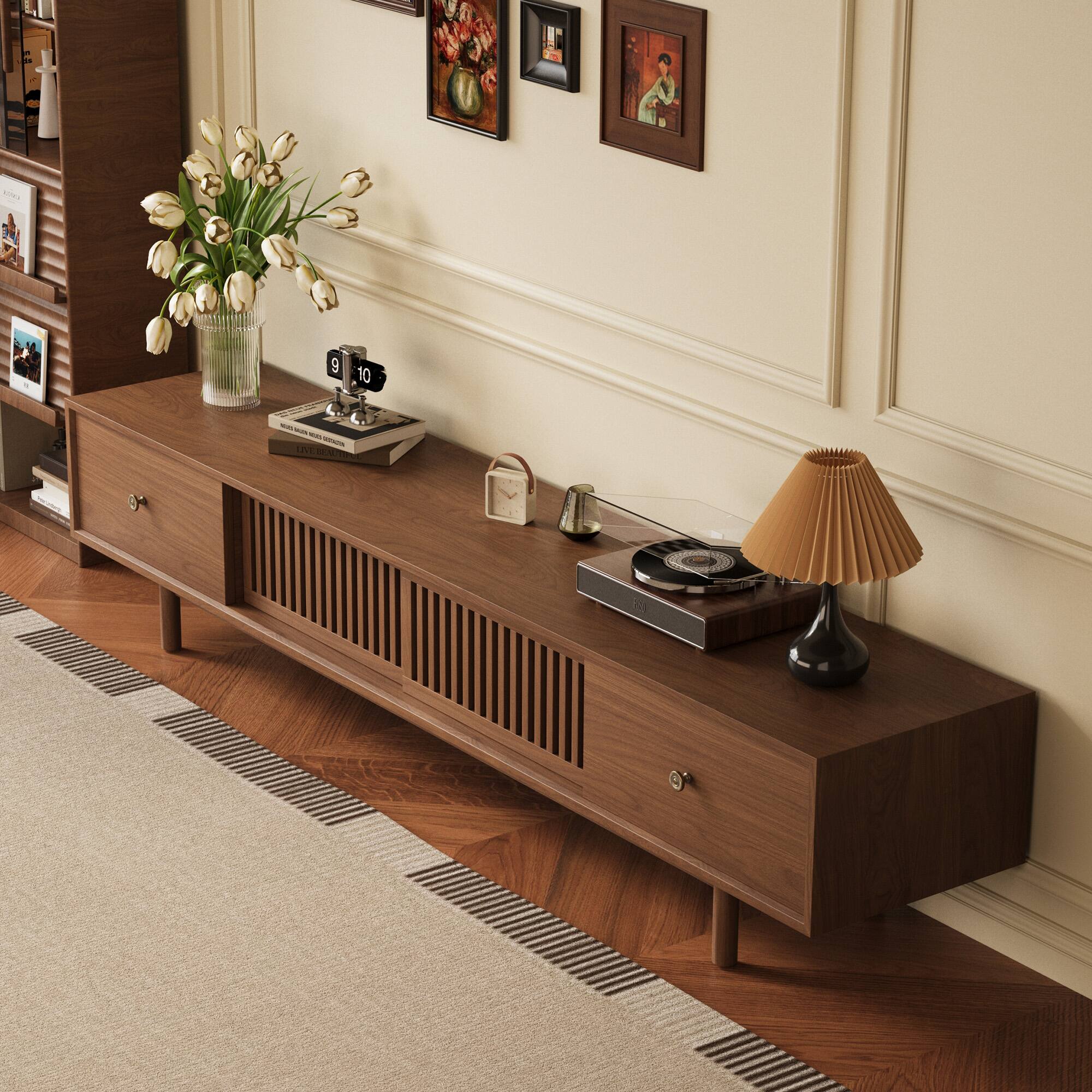 Angle. luck idea - 78.7" TV Stand with 2 Storage Drawers, Cable Management Port & Solid Wood Legs - Walnut Color.