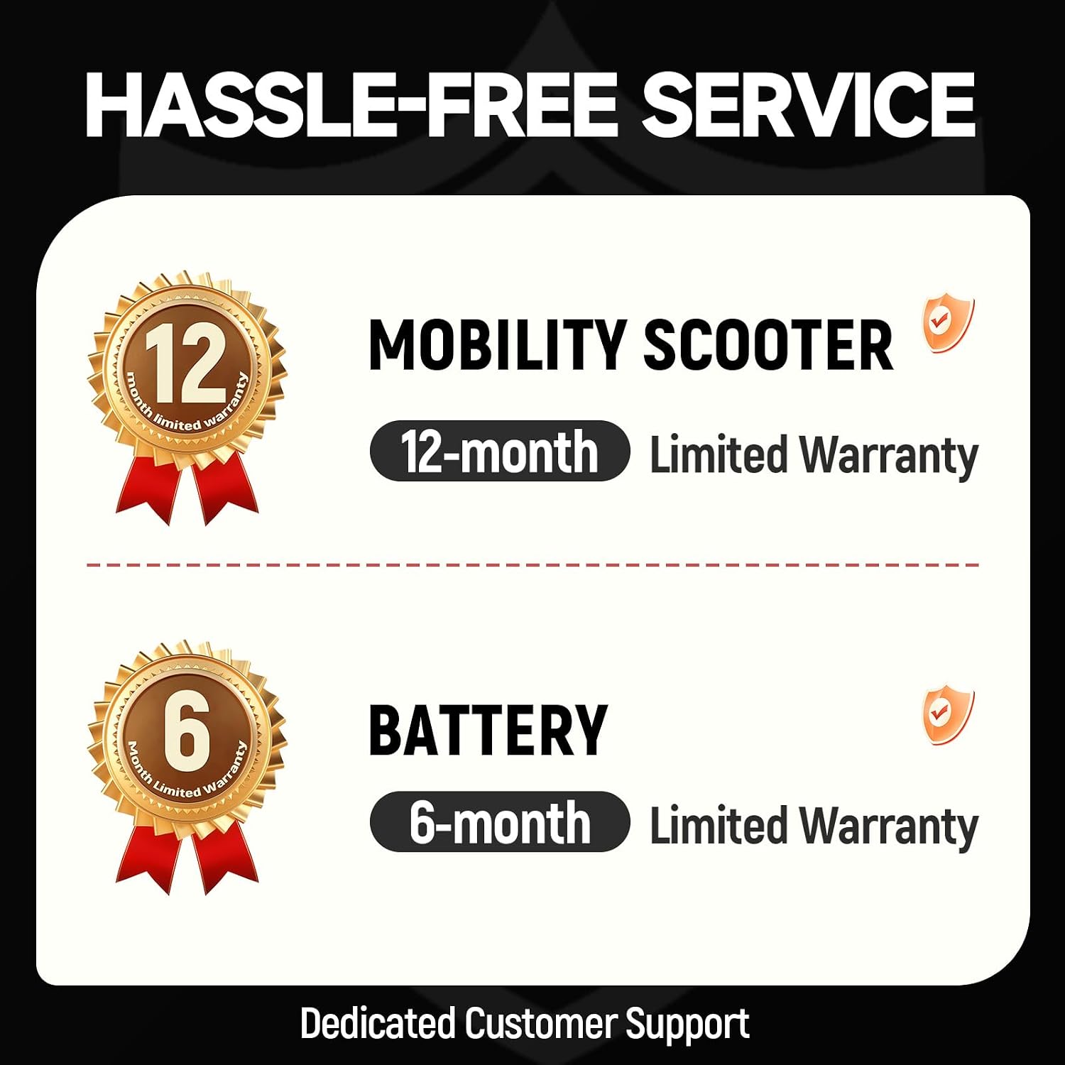 HASSLE-FREE SERVICE

MOBILITY SCOOTER
12-month Limited Warranty

BATTERY
6-month Limited Warranty

Dedicated Customer Support