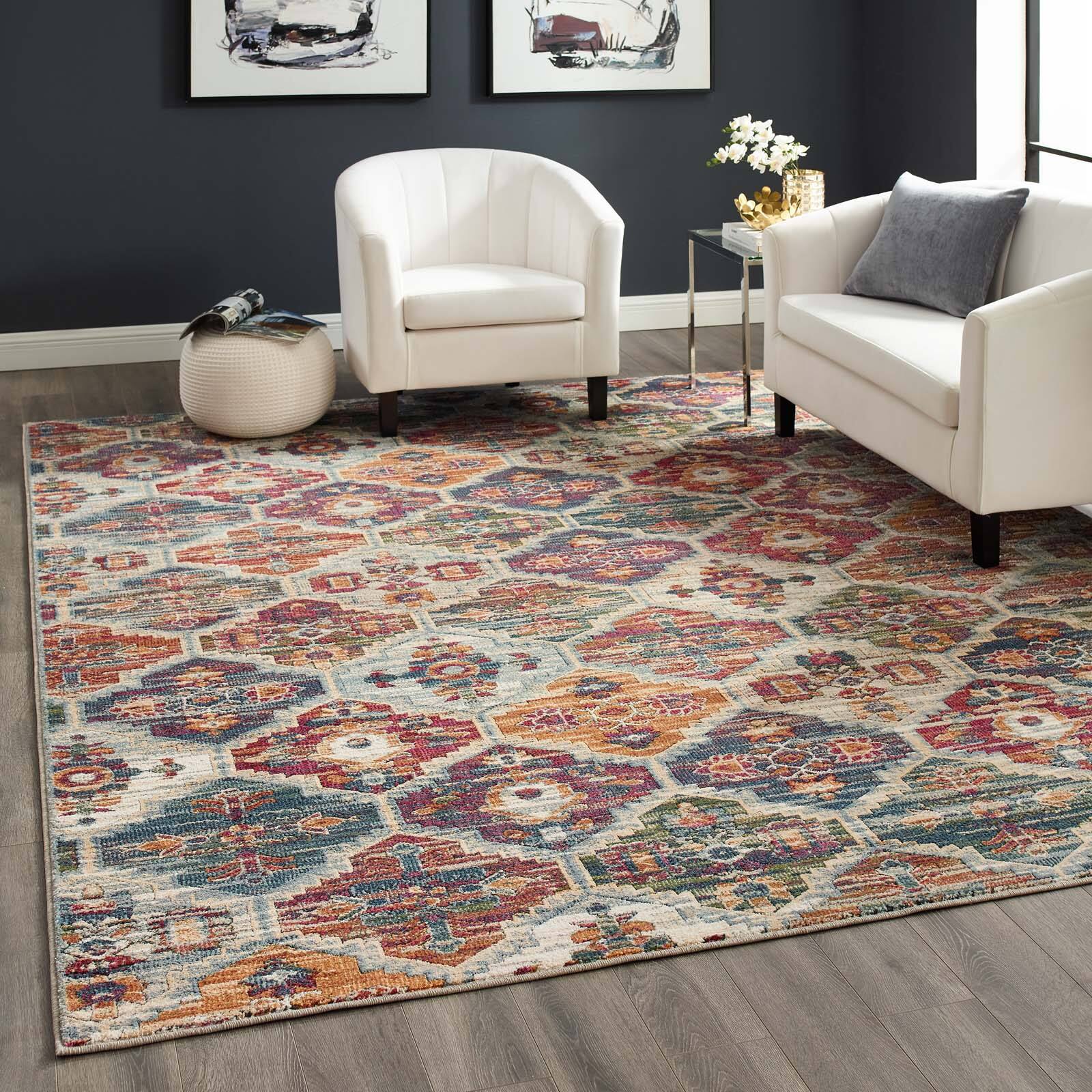 Front. Modway - Tribute Azalea Distressed Vintage Floral Lattice Area Rug - Multicolored.