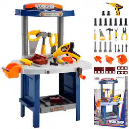 Topteng - 37+Pcs Kids Workbench Toy with Electric Drill - Pretend Play Tool Set, Construction Bench for Kids