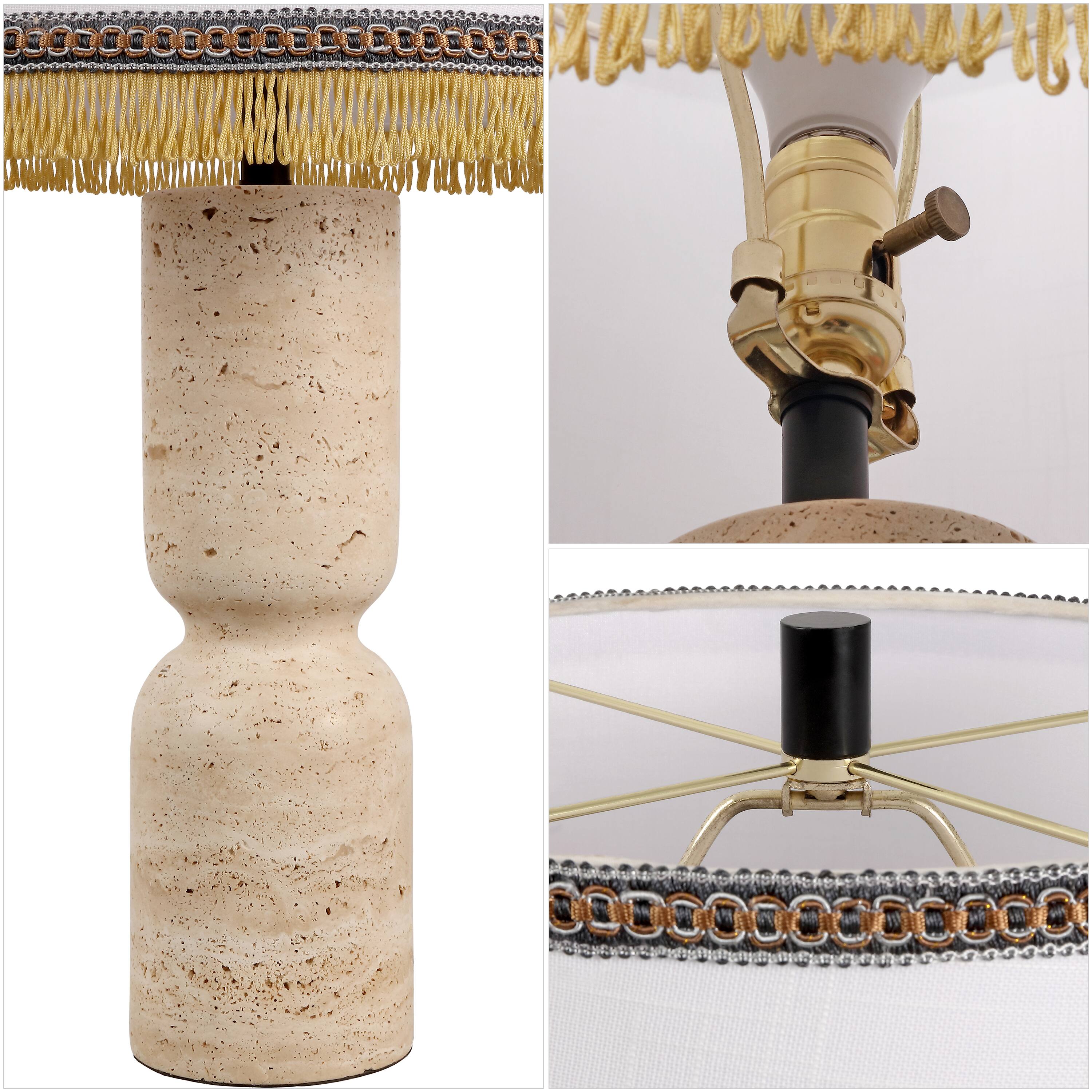 Alt View 4. Jonathan Y - Lacy 25.3 in. Organic Modern Sculptural Hourglass Travertine Stone with Fringed Drum Shade LED Table Lamp, Natural Beige - Natural Beige Marble.