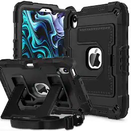 Dteck - Heavy Duty Rugged Case for iPad mini 7 (A17 Pro) 2024/ Mini 6 8.3'' with Multi-Angle Kickstand and Shoulder Strap - Black
