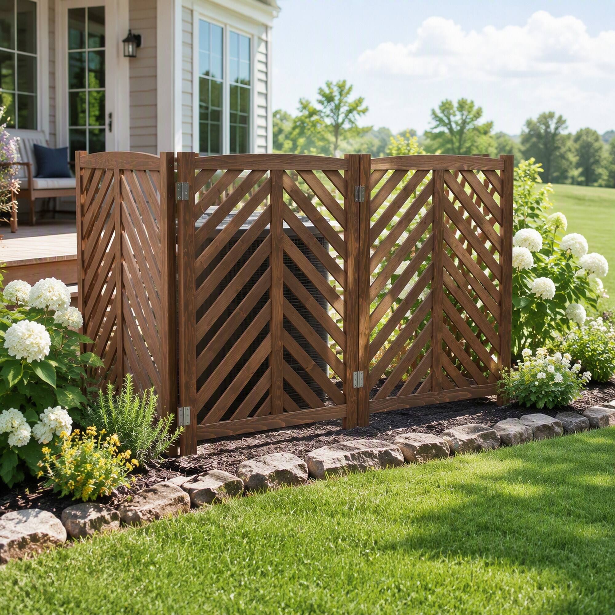Left. RYHNUYNE - Outdoor Cedar AC Privacy Screen 3 Panel Fence 33 by 38 Inch Air Conditioner Cover for Backyard Trash and Pool Pump - Brown.