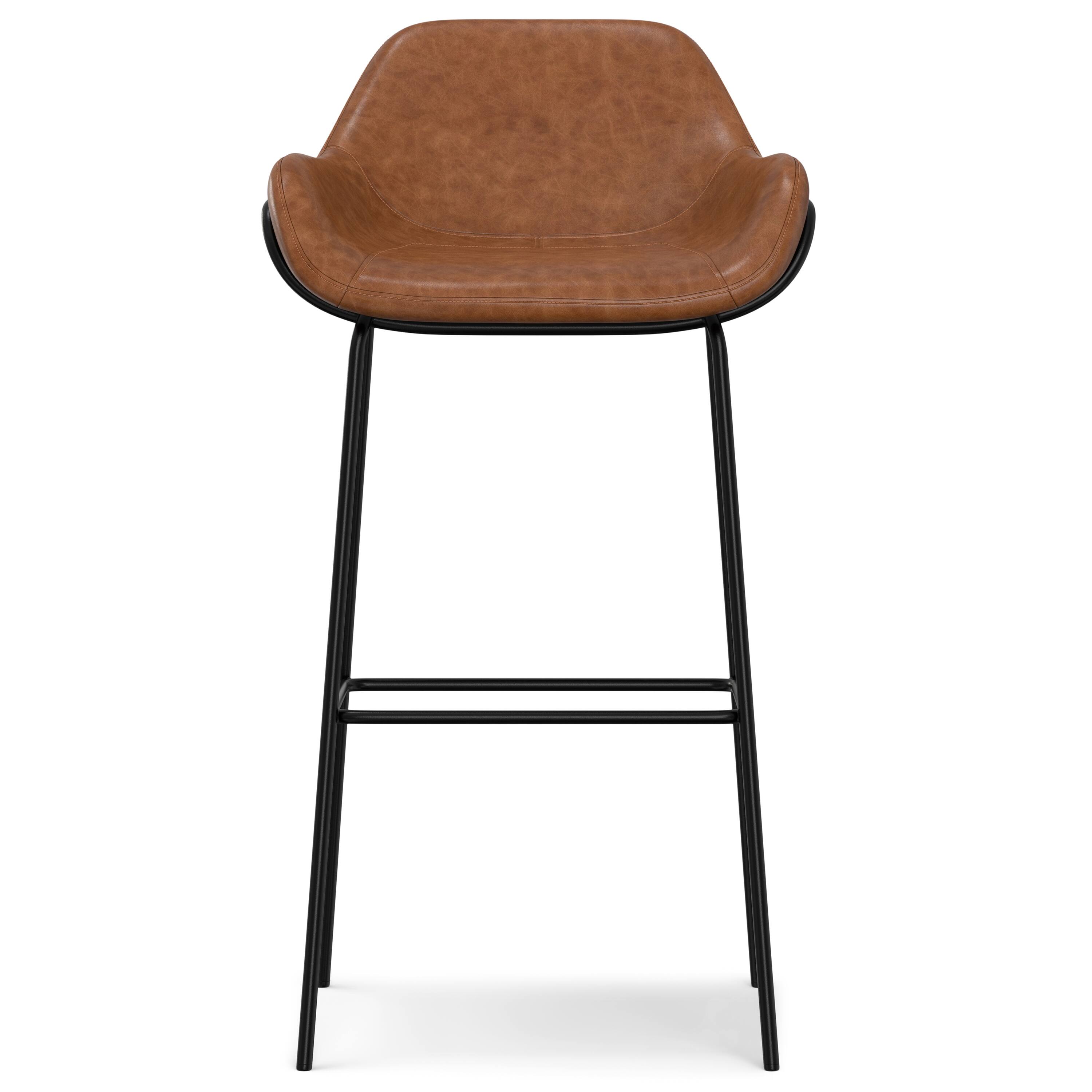 Left. Simpli Home - Mira Contemporary Modern Bar Stool in Distressed Tan  Vegan Faux Leather - Distressed Tan.