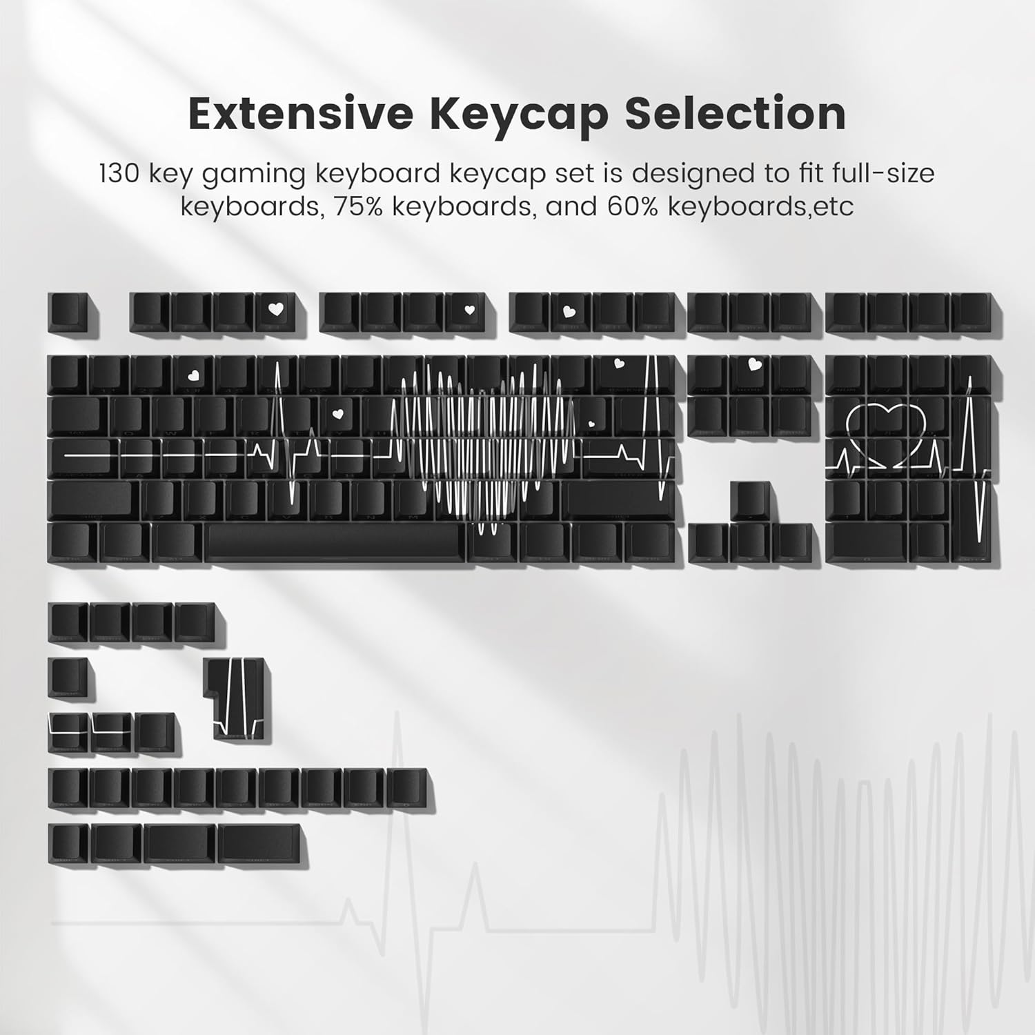Extensive Keycap Selection

130 key gaming keyboard keycap set is designed to fit full-size keyboards, 75% keyboards, and 60% keyboards, etc.