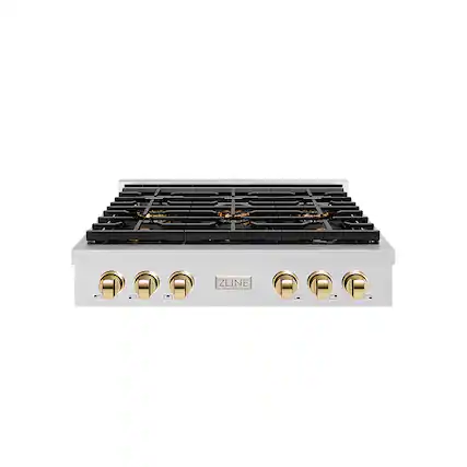 Front. ZLINE - ZLINE Autograph 36 in. Satin Steel Paramount Rangetop with 6 DuoPro Burners and Gold Accents (PSRTSZ-36-G) - Satin Stainless Steel.