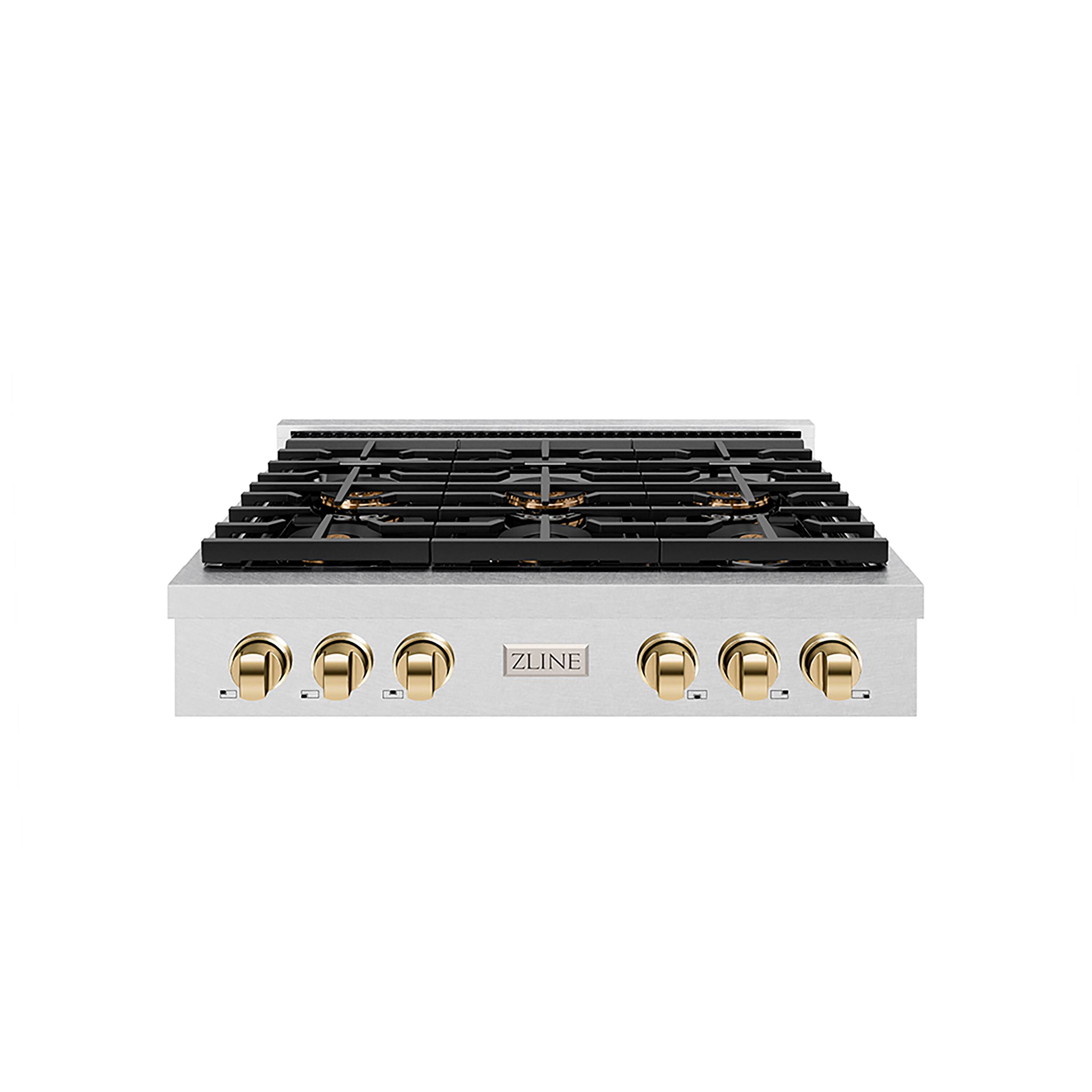 ZLINE - Autograph 36 in. Satin Steel Paramount Rangetop with 6 DuoPro Burners and Gold Accents (PSRTSZ-36-G) - Satin Stainless Steel