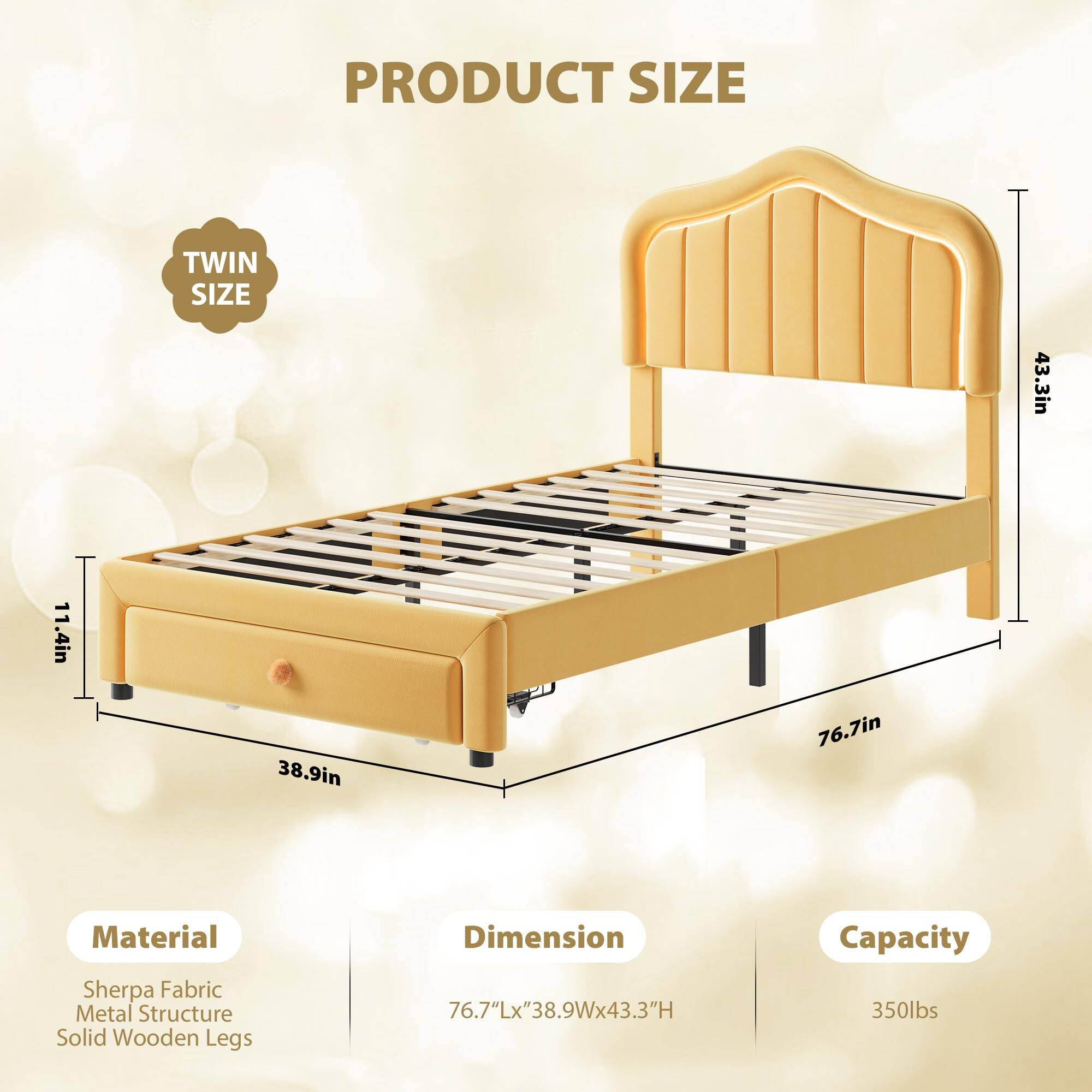 **PRODUCT SIZE**

- **TWIN SIZE**

**Material**
- Sherpa Fabric
- Metal Structure
- Solid Wooden Legs

**Dimension**
- 76.7"L x 38.9"W x 43.3"H

**Capacity**
- 350lbs