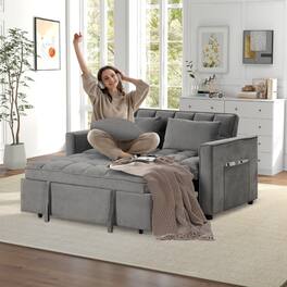 Bestier - Convertible Velvet Sofa Bed 3-in-1 Upholstered Pull Out Sleeper Sofa with 2 Pillows - Gray
