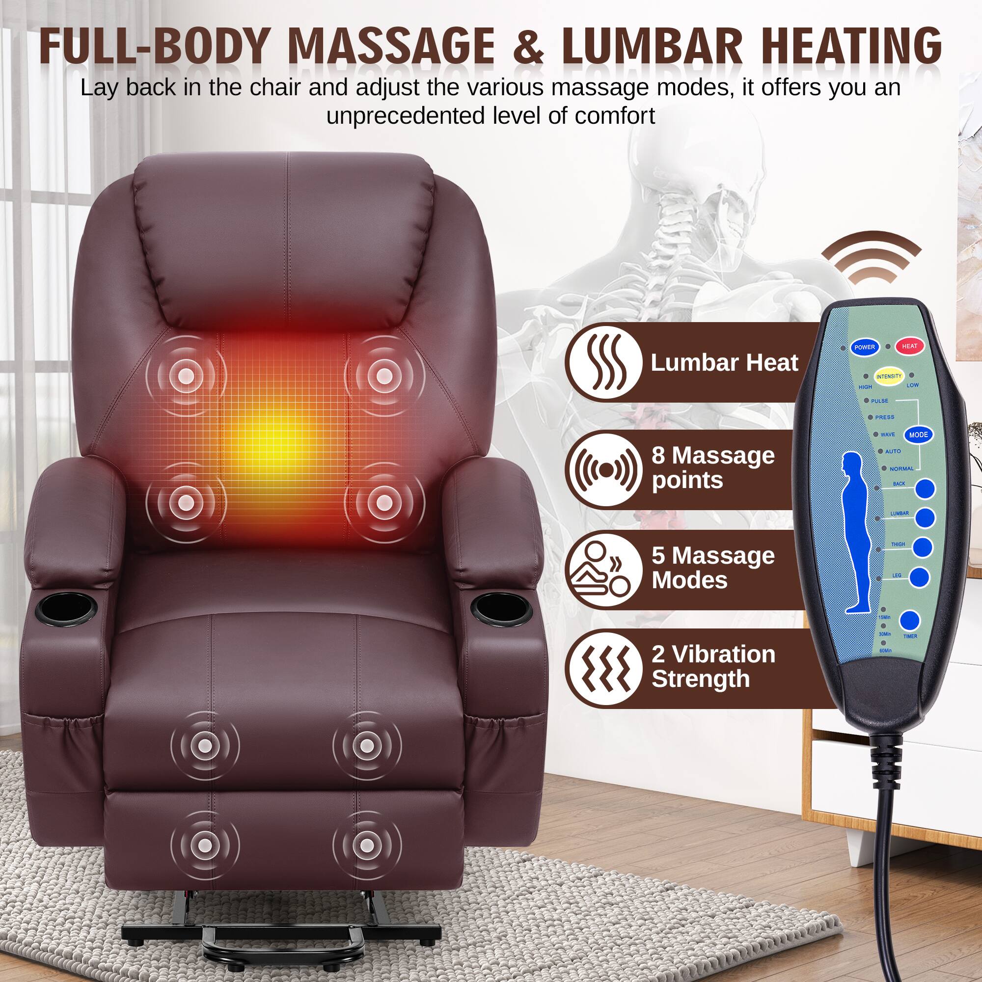 FULL-BODY MASSAGE & LUMBAR HEATING

Lay back in the chair and adjust the various massage modes, it offers you an unprecedented level of comfort

- Lumbar Heat
- 8 Massage points
- 5 Massage Modes
- 2 Vibration Strength