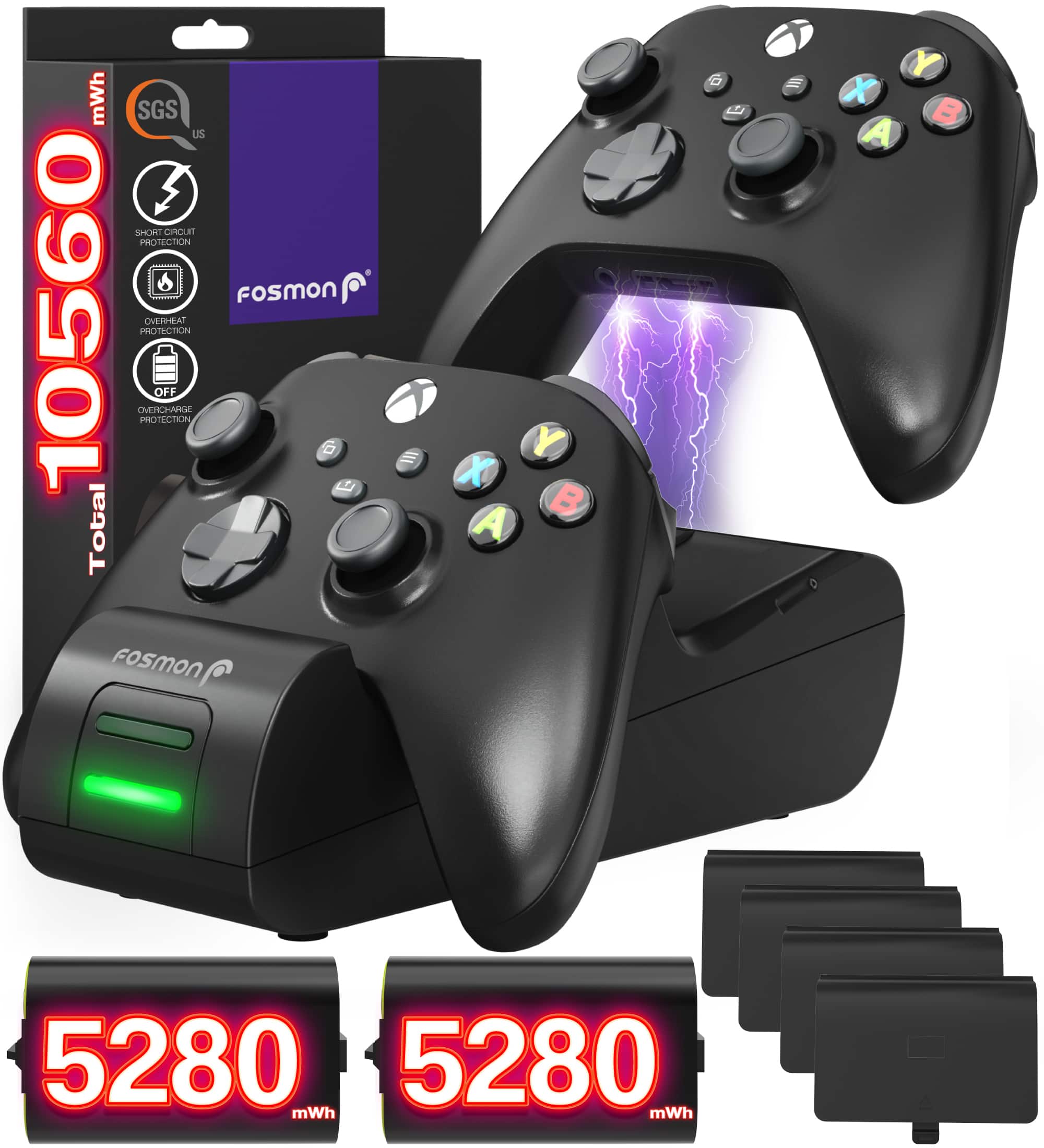 Fosmon - For Xbox Controller Charging Station, Dual High Speed Xbox Charger Station with 5280 mWh Rechargeable Battery - Black