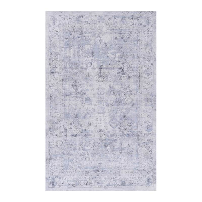 HTUTWOO - Foldable Washable Rug 8x10 - Chenille Area Rug, Machine Washable, Non-Slip TPR Backing, Low Pile 0.14", for Living Room - Blue+Cream