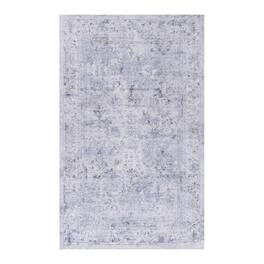 HTUTWOO - Foldable Washable Rug 8x10 - Chenille Area Rug, Machine Washable, Non-Slip TPR Backing, Low Pile 0.14", for Living Room - Blue+Cream