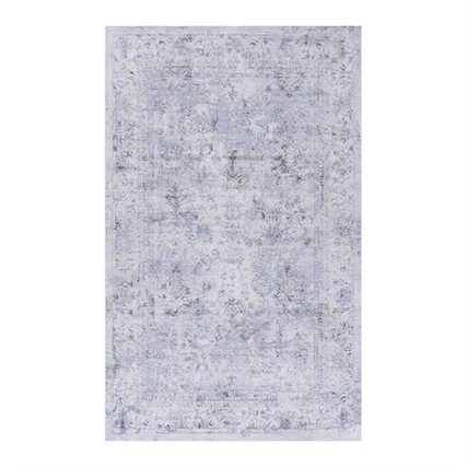 Front. HTUTWOO - Foldable Washable Rug 8x10 - Chenille Area Rug, Machine Washable, Non-Slip TPR Backing, Low Pile 0.14", for Living Room - Blue+Cream.