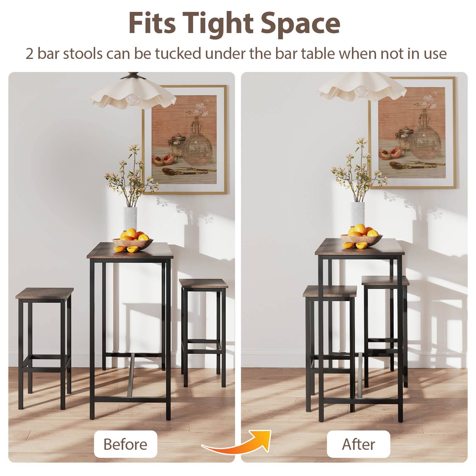 Fits Tight Space: 2 bar stools can be tucked under the bar table when not in use. Before and After.
