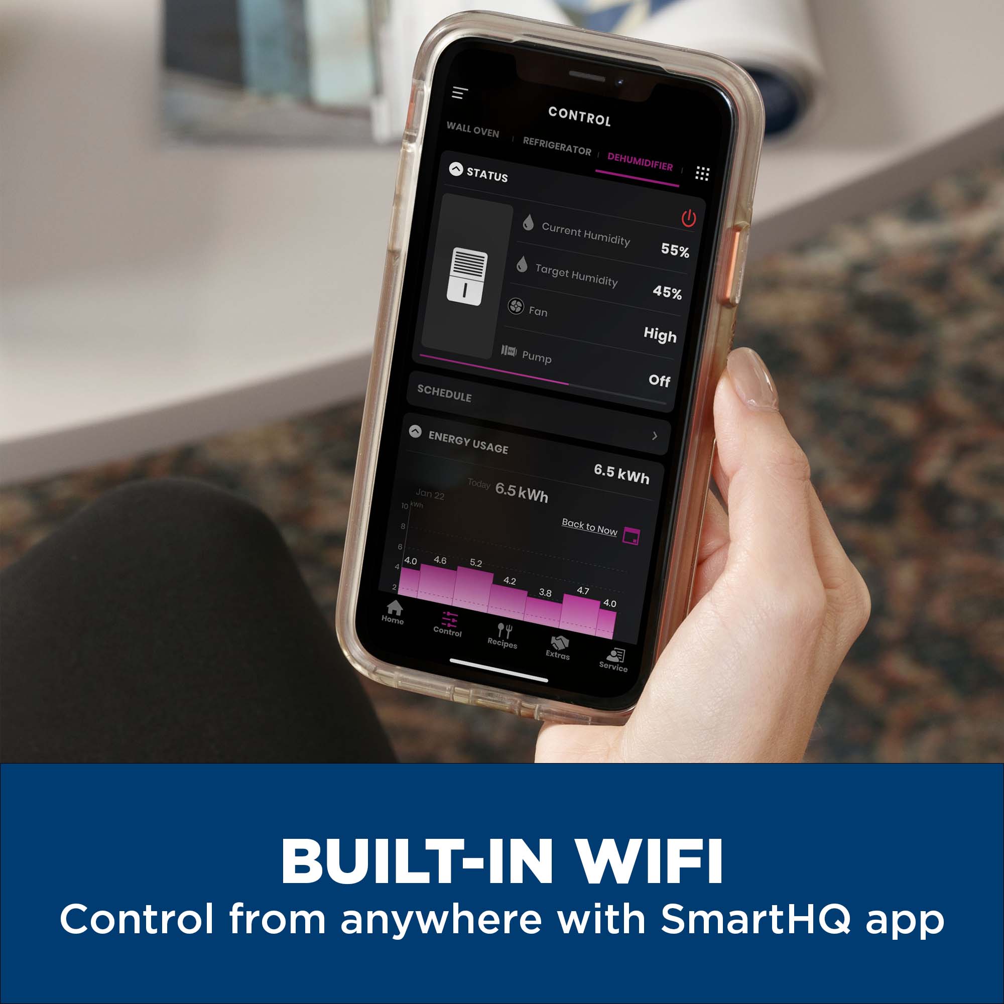 **WALL CONTROL OVEN REFRIGERATOR DEHUMIDIFIER STATUS I SCHEDULE**

- Current Humidity: 55%
- Target Humidity: 45%
- Fan: High
- Pump: Off

**ENERGY USAGE**
- Today: 6.5 kWh
- Jan 22: 6.5 kWh

**BUILT-IN WIFI**
Control from anywhere with SmartHQ app