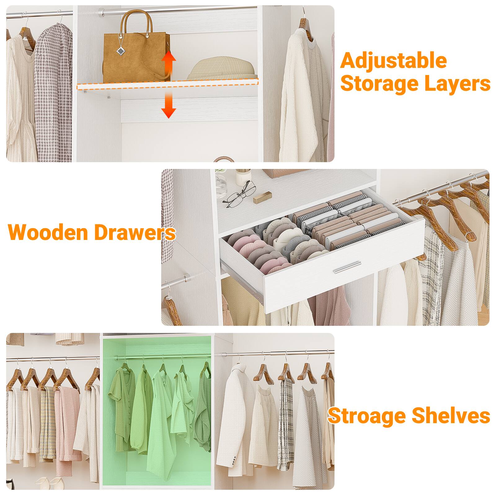 Adjustable Storage Layers  
Wooden Drawers  
Storage Shelves
