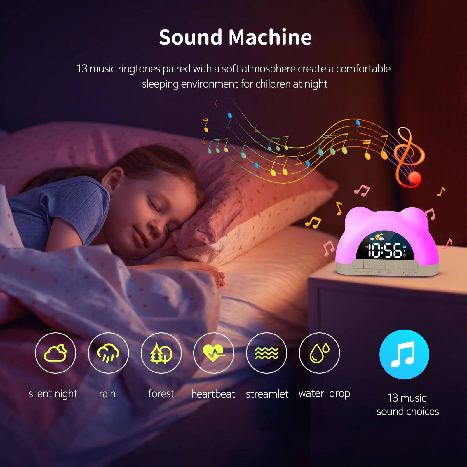 Sound Machine

13 music ringtones paired with a soft atmosphere create a comfortable sleeping environment for children at night

- silent night
- rain
- forest
- heartbeat
- streamlet
- water-drop

13 music sound choices