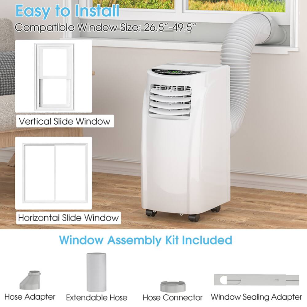 Easy to Install  
Compatible Window Size: 26.5" - 49.5"  
Vertical Slide Window  
Horizontal Slide Window  

Window Assembly Kit Included  
Hose Adapter  
Extendable Hose  
Hose Connector  
Window Sealing Adapter
